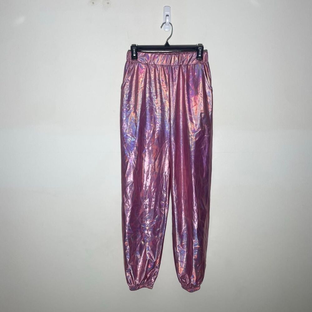 Pink holographic rave joggers with iridescent sheen EDM Electric Forest